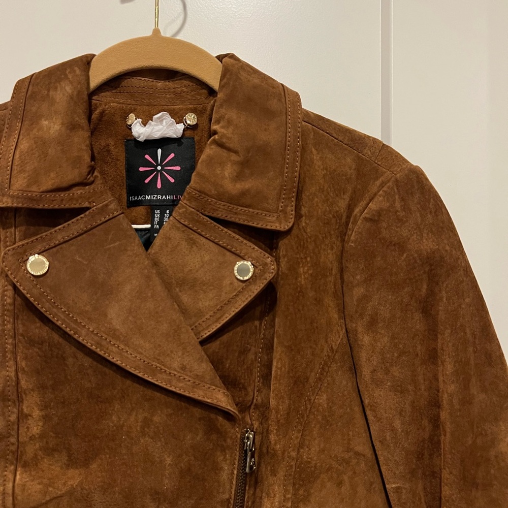 NWOT Isaac Mizrahi Live! Brown Suede Leather Moto Jacket size 6